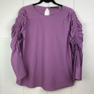 Halogen Purple Pinstripe Top Blouse Ruched Bell 3/4 Sleeves Size M